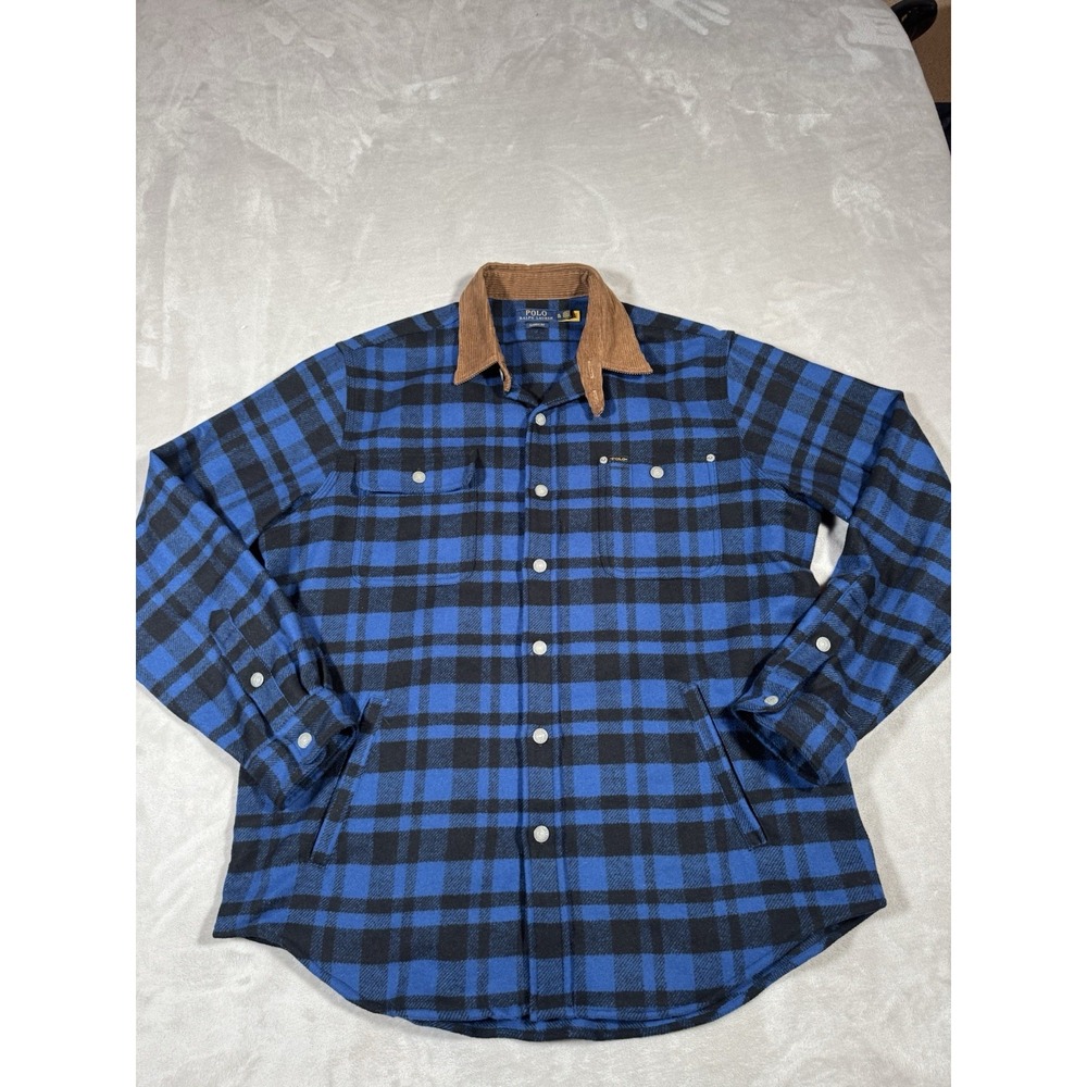 Polo Ralph Lauren Buffalo Plaid Shirt Jacket Mens XL Blue Wool Corduroy Collar
